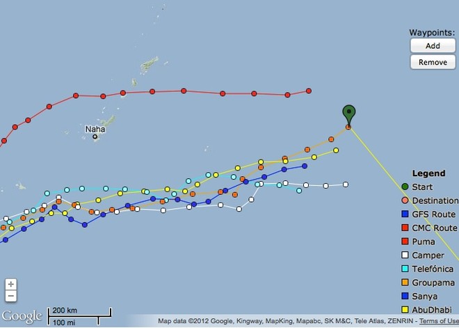 Volvo Ocean Race - Leg 4 Day 5 at 1925 UTC. Abu Dhabi and Groupama move north, Camper heads east, Telefonica heads south and Puma closes on the body of the fleet.  © PredictWind.com www.predictwind.com